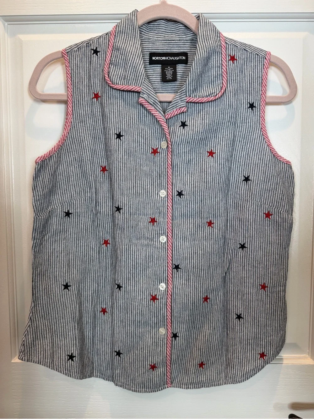 Blue-White Striped Tank with Star Embroidery -Vintage 4th of July Shirt - Picture 1 of 13